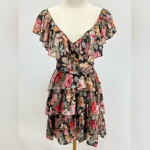 BYTIMO‎ Black and red Bohemian Rose Garden floral mini dress size M.